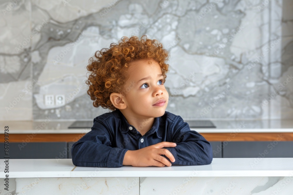 Fototapeta premium a boy with curly hair in a dark blue shirt pointing and leaning slightly, in a minimalist kitchen