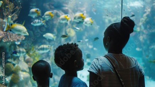 Family observes tropical fish at the aquarium