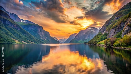 Serene landscapes of Scandinavian fjords at sunset , Scandinavia, Norway, Fjords, Sunset, Serene, Peaceful, Tranquil photo