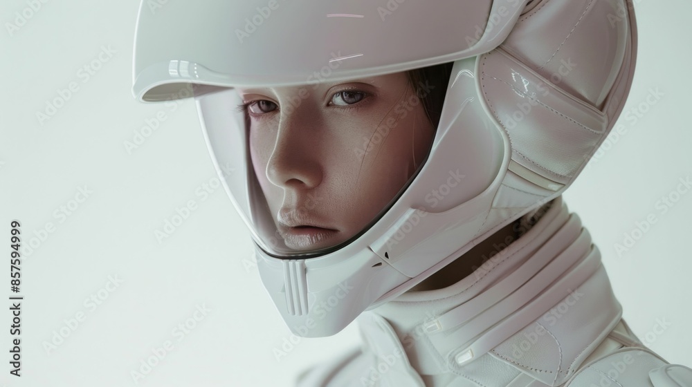 Businesswoman in white suit and helmet, professional and stylish female concept for travel and safety Businesswoman in white suit and helmet, professional and stylish female concept for travel and safety