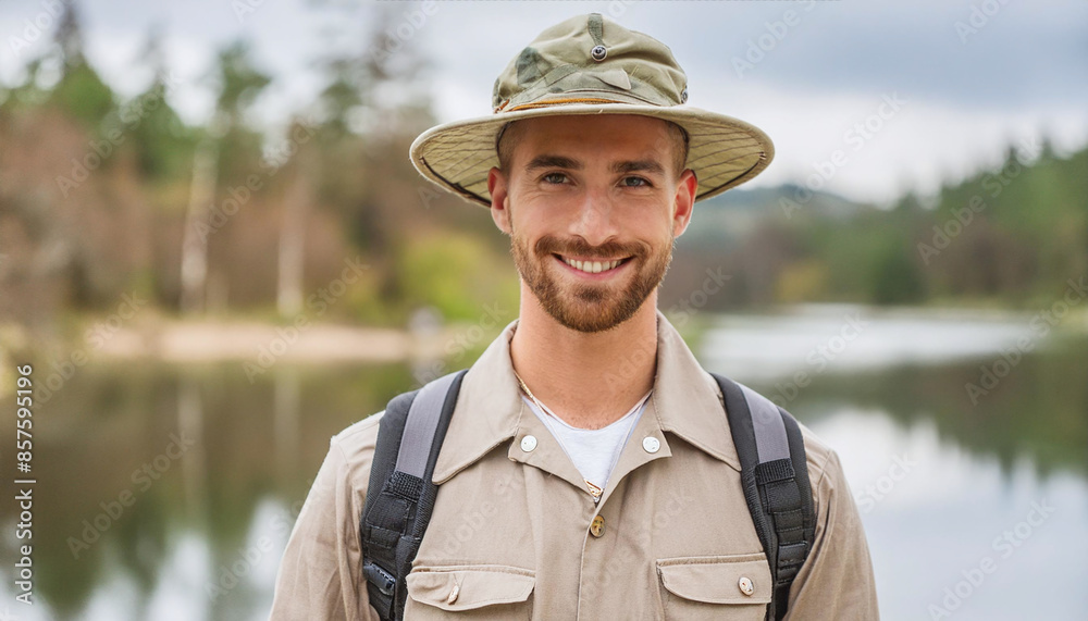 Obraz premium Happy hiker enjoying nature near serene lake