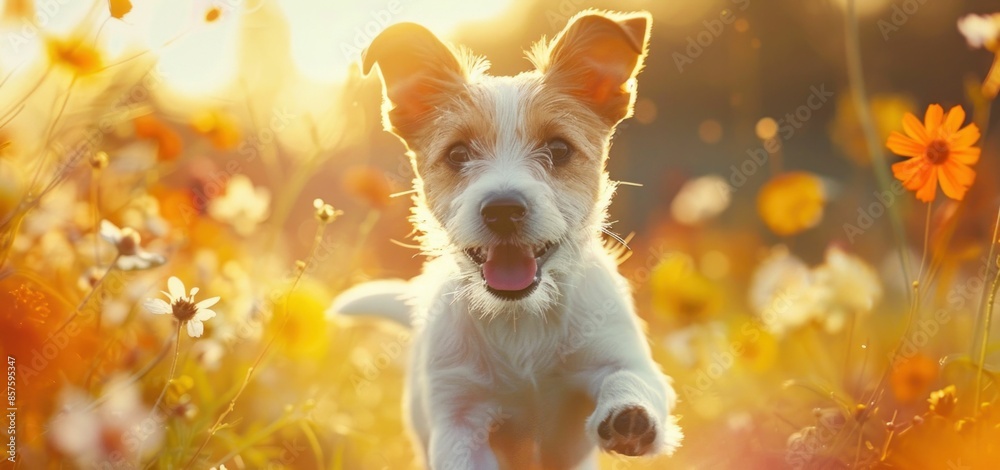 Beautiful Morning Run Small White Dog Frolicking in Field of Wildflowers in the Soft Light of Dawn