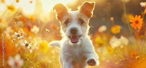 Obraz na płótnie Beautiful Morning Run Small White Dog Frolicking in Field of Wildflowers in the Soft Light of Dawn w salonie