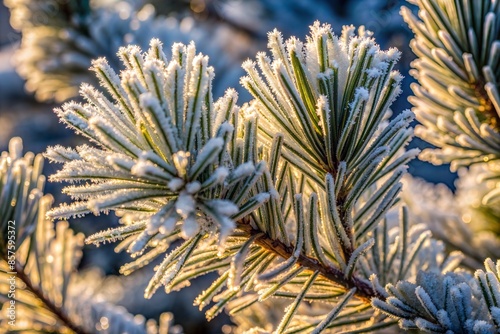 A close up of ice crystals on pine needles, highlighting the play of light and shadow on the frost covered surface