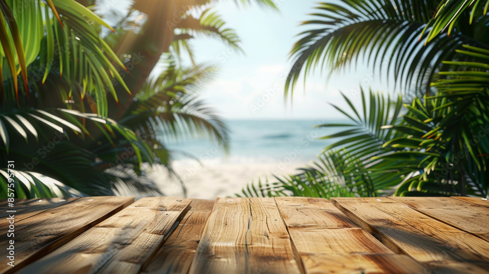 Fototapeta premium Wooden table surrounded by palm leaves on a beach in summer for product placement.