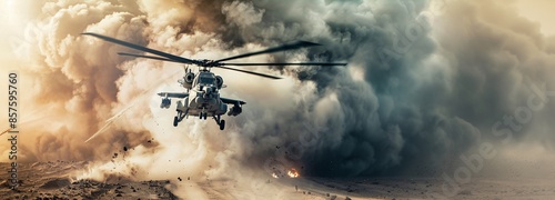 Military chopper in desert extraction mission, wide poster. photo