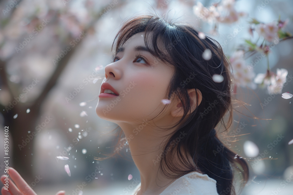 桜と若いアジア人女性の横顔のポートレート 桜と若いアジア人女性の横顔のポートレート