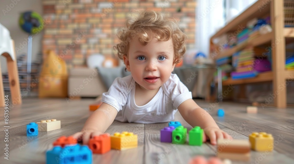 A baby is playing with a pile of colorful blocks. The baby is laying on the floor and reaching for the blocks. The scene is playful and joyful, as the baby is engaged in a fun activity A baby is playing with a pile of colorful blocks. The baby is laying on the floor and reaching for the blocks. The scene is playful and joyful, as the baby is engaged in a fun activity