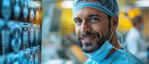 A close-up shot of a confident dentist in scrubs and a mask, holding a dental X-ray up to the lightbox, showcasing the expertise and technology behind modern dental diagnostics.