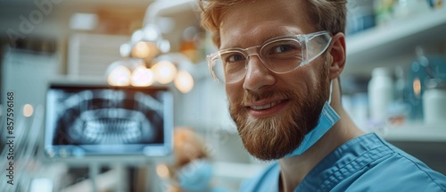 A close-up shot of a confident dentist in scrubs and a mask, holding a dental X-ray up to the lightbox, showcasing the expertise and technology behind modern dental diagnostics.