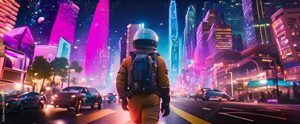 A psychedelic sketch astronaut in the city, with neon colors swirling around