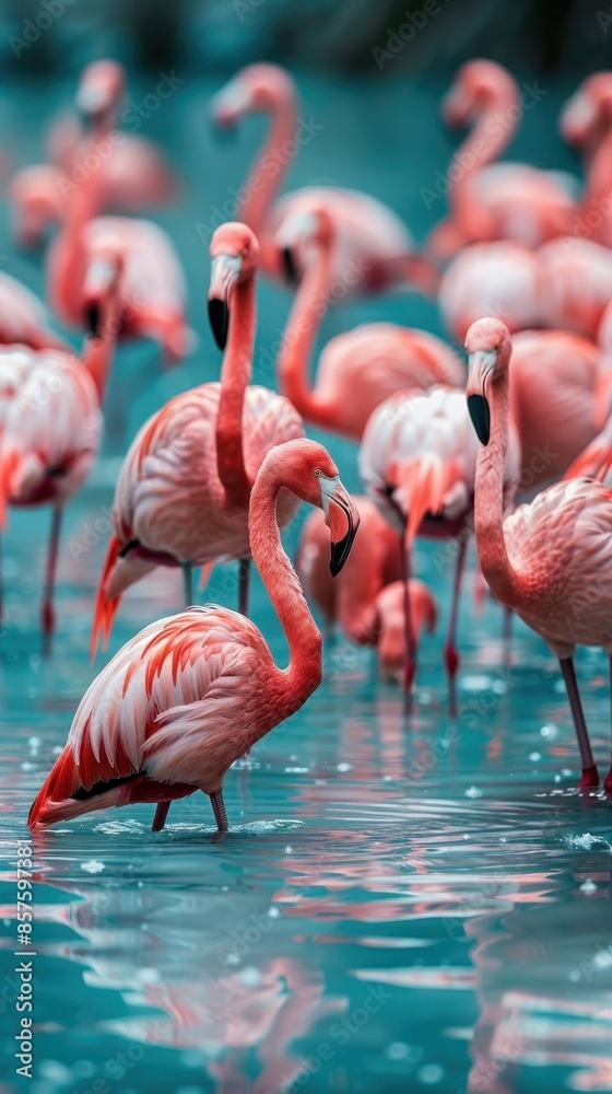 Obraz premium A group of pink flamingos stand in blue water