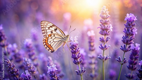A beautiful lavender flower with a delicate butterfly resting on top , lavender, flower, butterfly, insect, garden, nature © rattinan