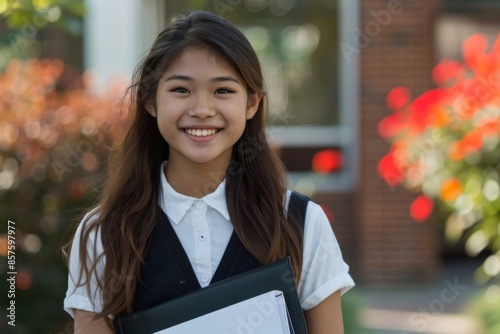 a high school-aged Asian student girl dons a smart suit or school uniform while holding a folder, her radiant smile captivating against an outdoor backdrop. photo