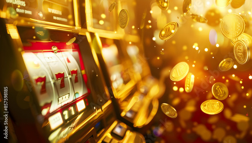 A close-up shot of a slot machine with the winning combination of 777, coins raining down. photo