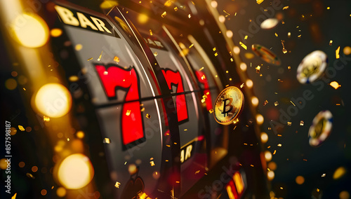 A close-up of a slot machine with three lucky sevens lined up, surrounded by falling coins and a golden glow.