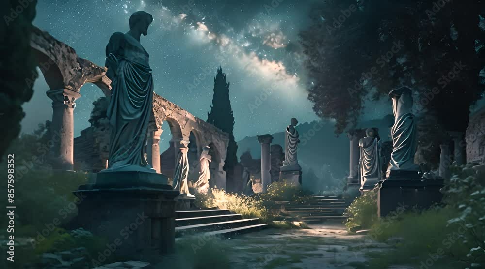 stdigitalrs leading to ancient statue in starry night sky stdigitalrs leading to ancient statue in starry night sky