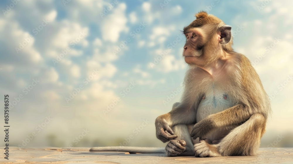 Naklejka premium Monkey sitting on cement floor with sky background natural setting and empty space