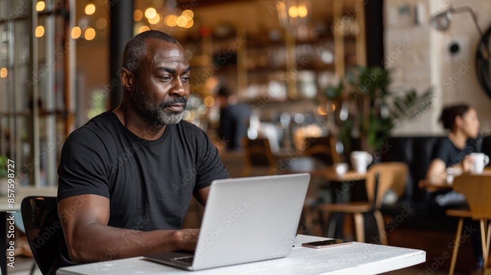 A man is sitting at a table with a laptop in front of him A man is sitting at a table with a laptop in front of him
