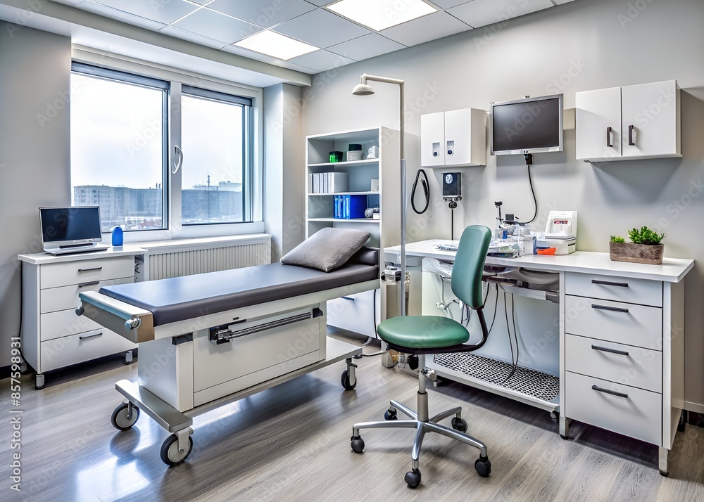 Modern Medical Office With Examination Table, Computer, And Sink.