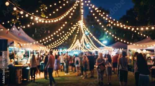 A group of people are walking around a festival with lights and decorations. Generate AI image