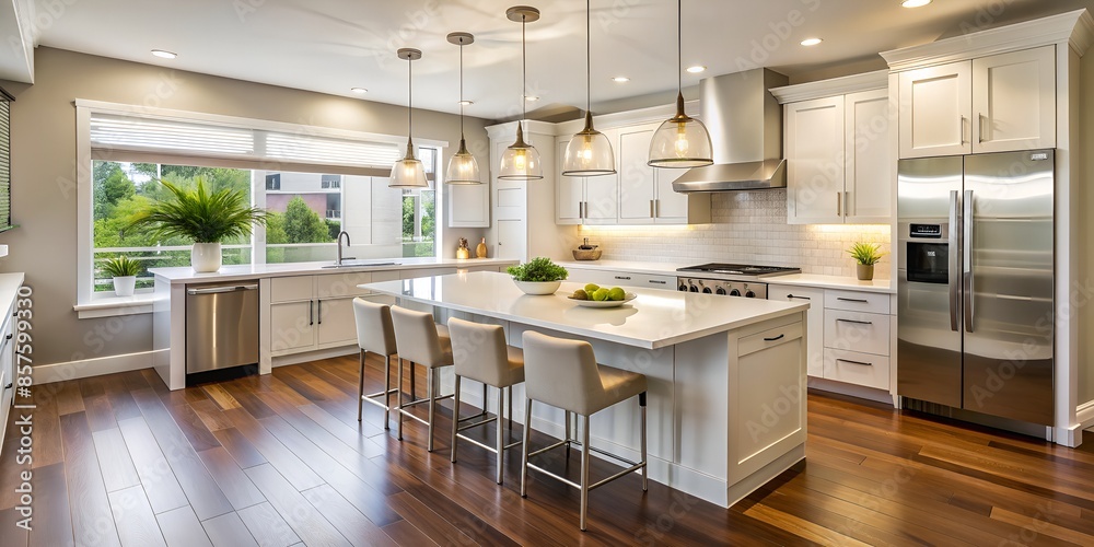 Beautiful Modern Kitchen With White Cabinets, Stainless Steel Appliances, And A Large Island With Seating