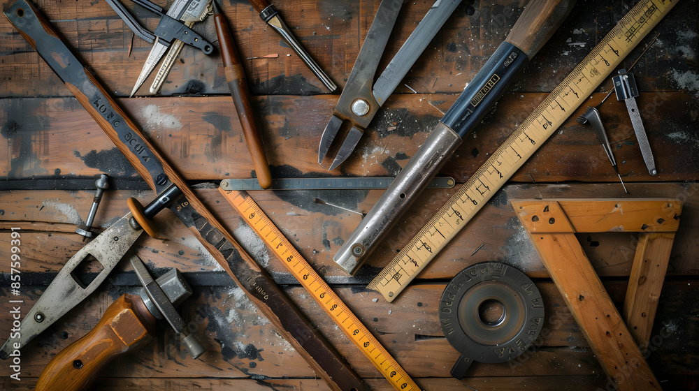 Essential Carpentry Measuring Tools Displayed on a Woodworker's Workbench Essential Carpentry Measuring Tools Displayed on a Woodworker's Workbench