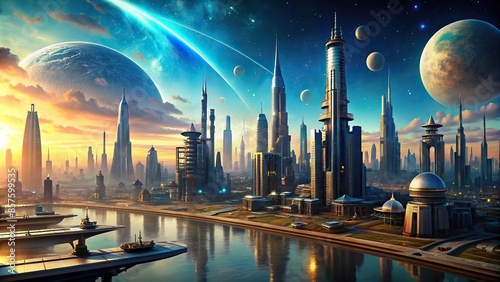 Futuristic cityscape on an alien planet with advanced technology , alien, planet, futuristic, civilization photo