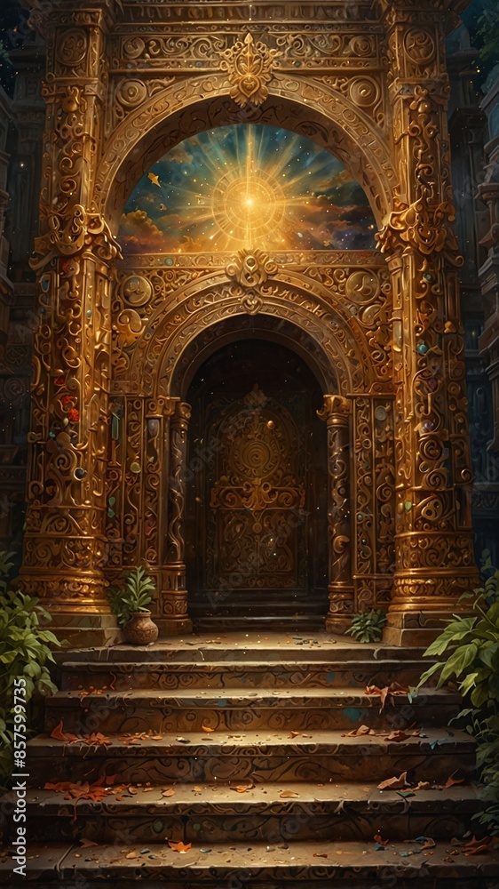 A celestial staircase ascending to the heavens, with golden gate and columns with shimmering light A celestial staircase ascending to the heavens, with golden gate and columns with shimmering light