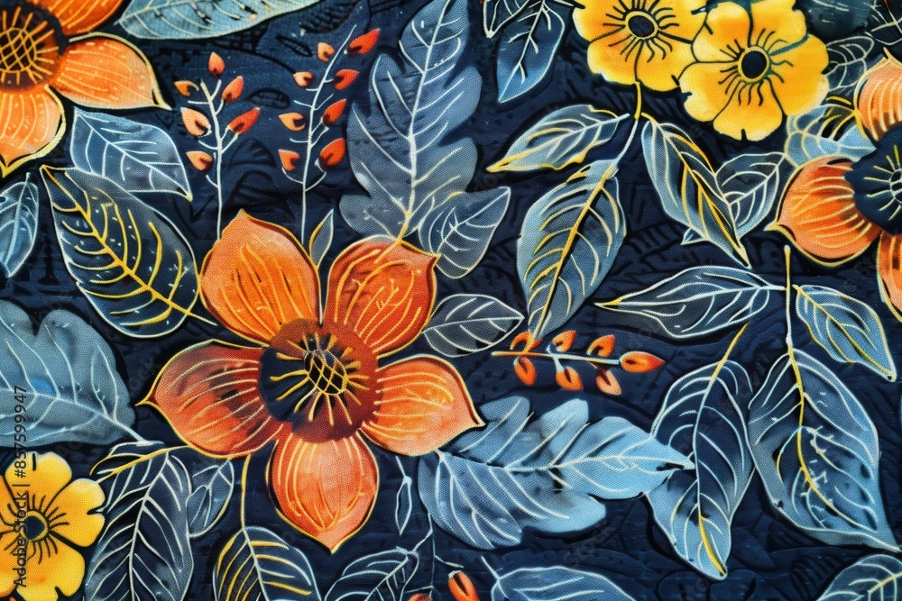 A blue and orange floral print is displayed A blue and orange floral print is displayed