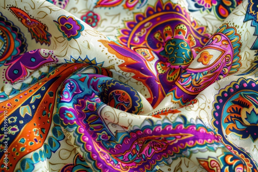 A colorful paisley fabric with a blue and orange design A colorful paisley fabric with a blue and orange design