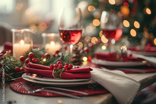 Elegant Christmas dinner table setting with red napkins, candles, and holly berries creating a festive mood
