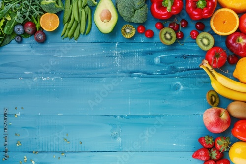 A blue background with a variety of fruits and vegetables including apples