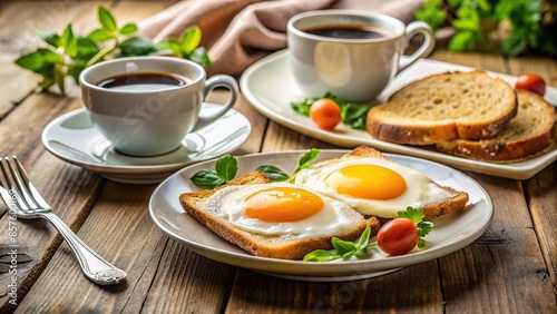 Breakfast scene with a cup of coffee and sunny-side up eggs, coffee, breakfast, eggs, morning, food, meal, table, delicious
