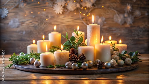 Candles arranged in a decorative display on a table, candles, table, flame, wax, light, decoration, ambiance, romantic