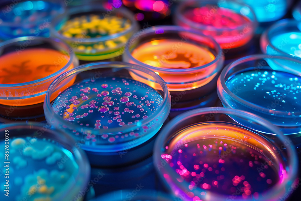 Vibrant close-up of petri dishes containing colorful bacterial colonies under artificial light, a vivid display of biotechnology research and microbial growth Vibrant close-up of petri dishes containing colorful bacterial colonies under artificial light, a vivid display of biotechnology research and microbial growth