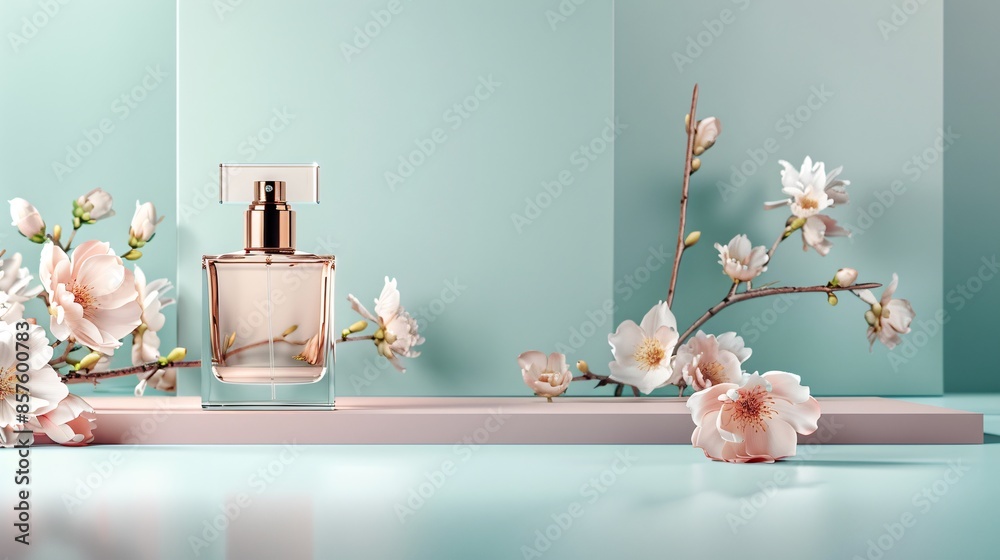 Luxury perfume bottle with floral background in pink and green theme. Luxury perfume bottle with floral background in pink and green theme.