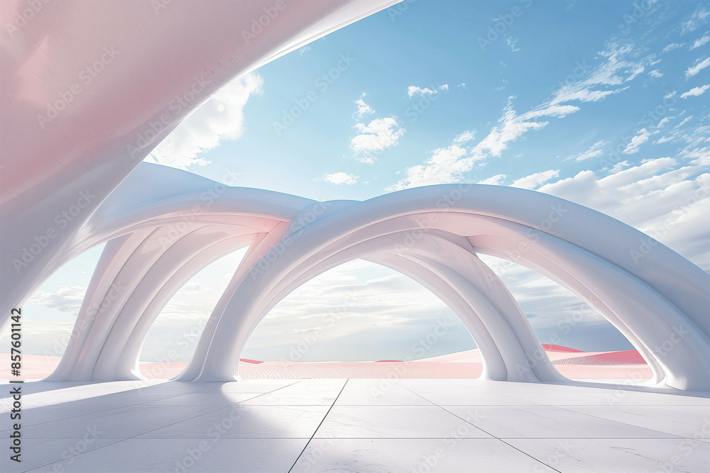 Fototapeta premium Serene Futuristic Arches on a Floating Platform Against a Pastel Sky, Merging Modern Architecture with Dreamlike Vistas