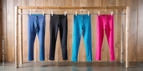 Yoga pants hanging on wooden poles with clear wiring, in colors black, blue, and pink, commercial photography, pants hanging photo