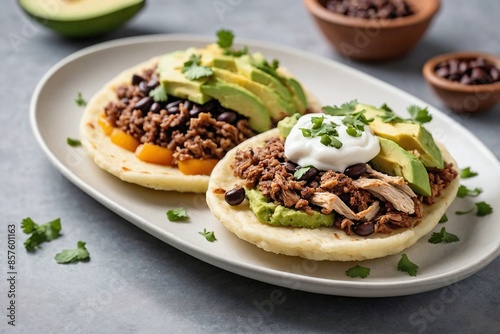 Fototapeta Naklejka Na Ścianę i Meble -  Venezuelan Cuisine Arepas: An overhead shot of a minimalist arepas presentation.