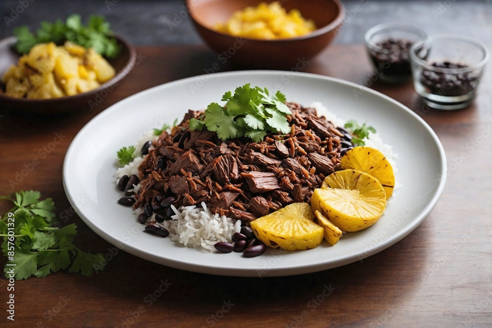 Venezuelan Cuisine Pabellón Criollo: an overhead view of a minimalist Pabellón Criollo presentation. Venezuelan Cuisine Pabellón Criollo: an overhead view of a minimalist Pabellón Criollo presentation.
