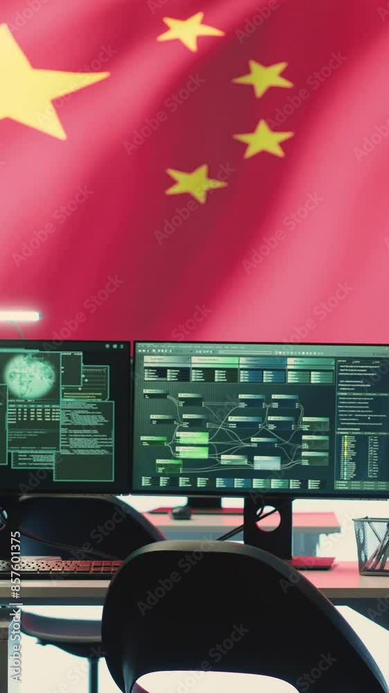 Vertical Video Empty governmental hacking room with chinese flag on a ...