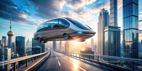 Futuristic hover car speeding through a high-tech city, future, transportation, hover, sci-fi, technology, vehicle, urban photo