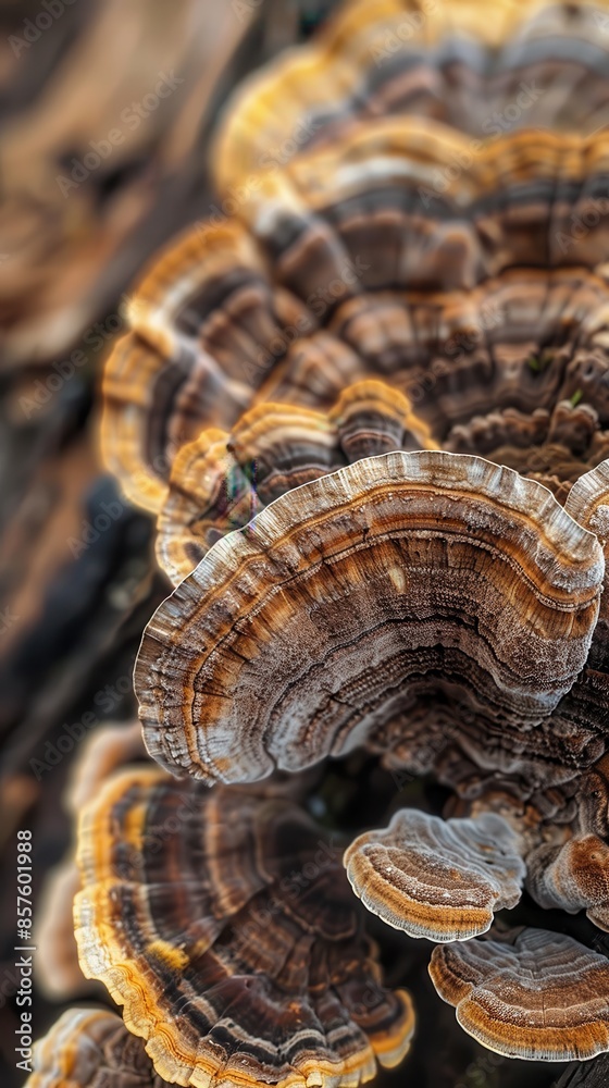 A colorful shelf mushroom growing on a tree A colorful shelf mushroom growing on a tree