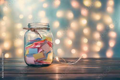 A glass jar filled with colorful paper slips containing friendship wishes, placed on a wooden table with fairy lights in the background, creating a magical atmosphere.