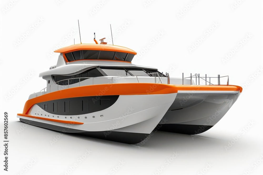 Highspeed catamaran, modern seafaring, 3D realistic, isolated on white background Highspeed catamaran, modern seafaring, 3D realistic, isolated on white background