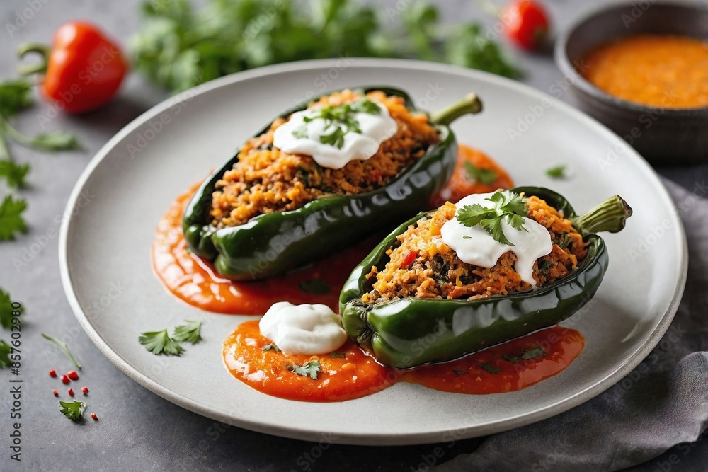 Mexican Cuisine Chiles Rellenos: An overhead shot of a minimalist Chiles Rellenos presentation.
