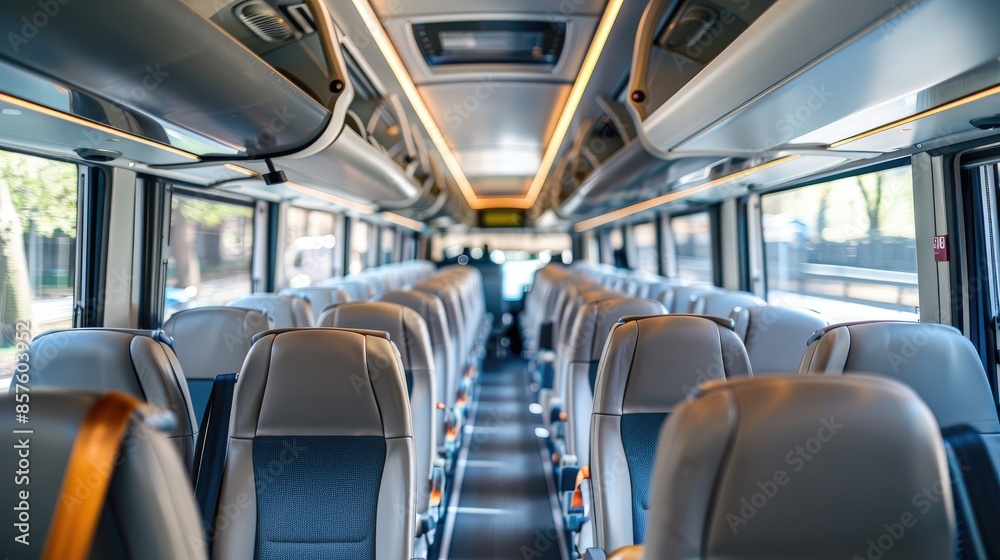 Fototapeta premium Empty seats in a clean and spacious bus interior , Bright and inviting bus interior with empty seats, Welcoming travelers
