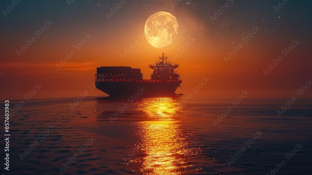 Cargo ship sailing under full moon, Worldwide trade and transport concept Cargo ship sailing under full moon, Worldwide trade and transport concept