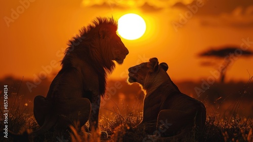 Two lions are sitting next to each other in the grass, looking at the sun